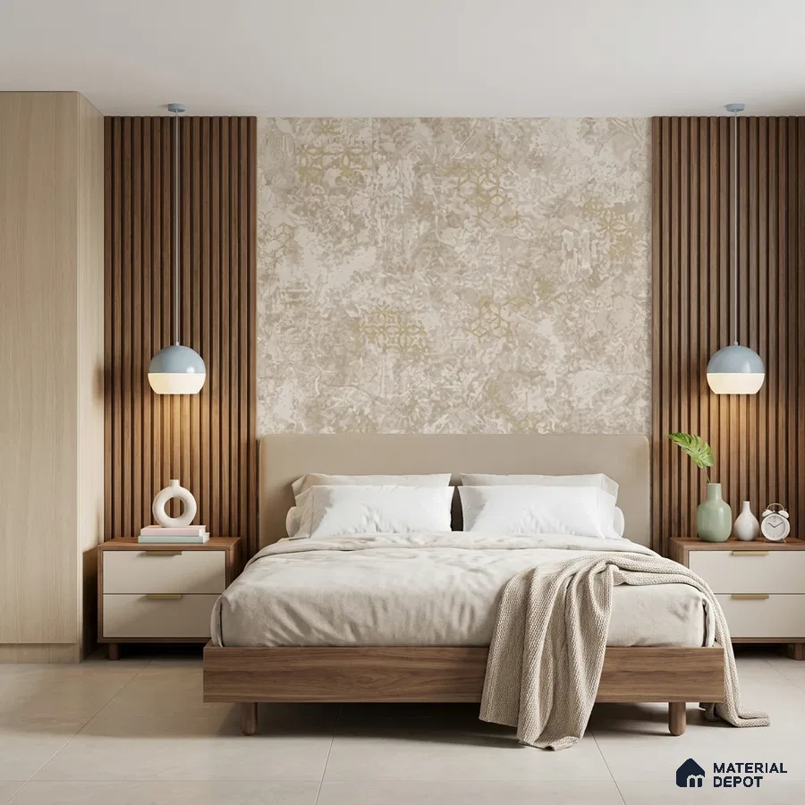 Scandinavian bedroom with walnut wood louvers, beige textured wallpaper, and light wood wardrobe