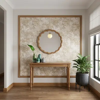 Scandinavian foyer with natural wood laminate console, beige textured wallpaper, and wooden flooring
