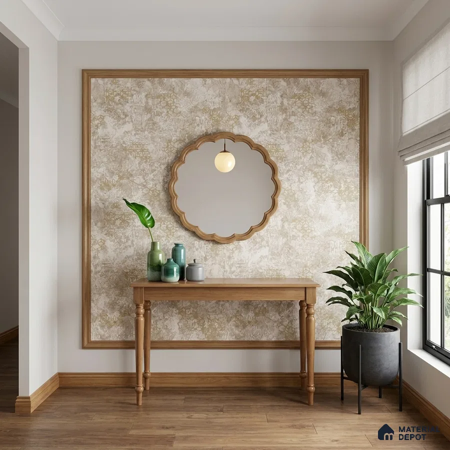 Scandinavian foyer with natural wood laminate console, beige textured wallpaper, and wooden flooring