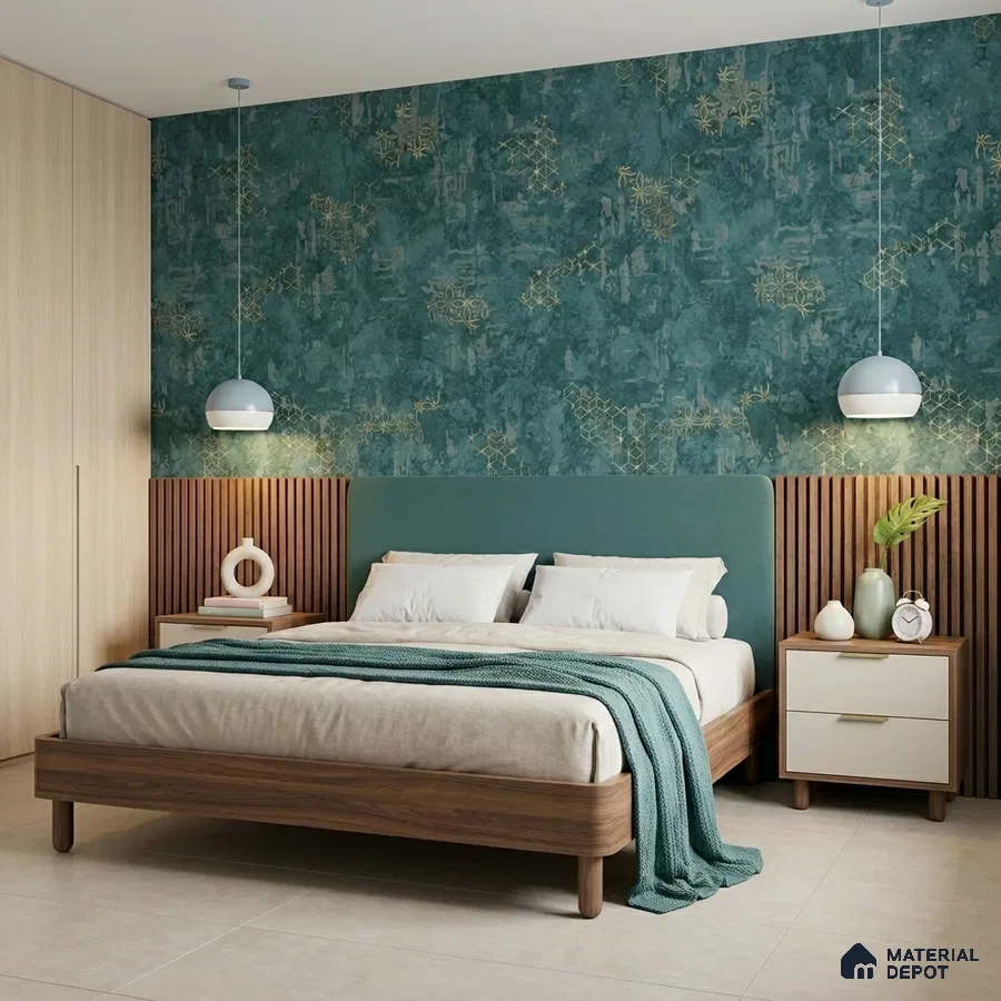 Modern bedroom with teal textured wallpaper, light wood wardrobe, and walnut wood fluted panels
