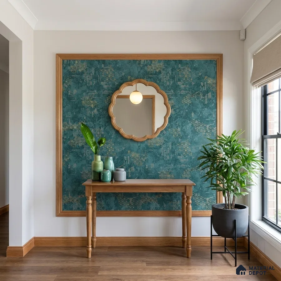 Modern foyer with teal patterned wallpaper, natural wood console, and wooden flooring