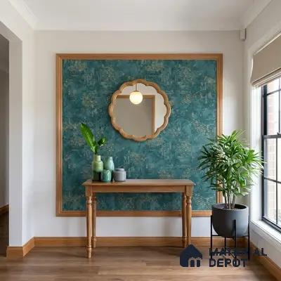 Modern foyer with teal patterned wallpaper, natural wood console, and wooden flooring