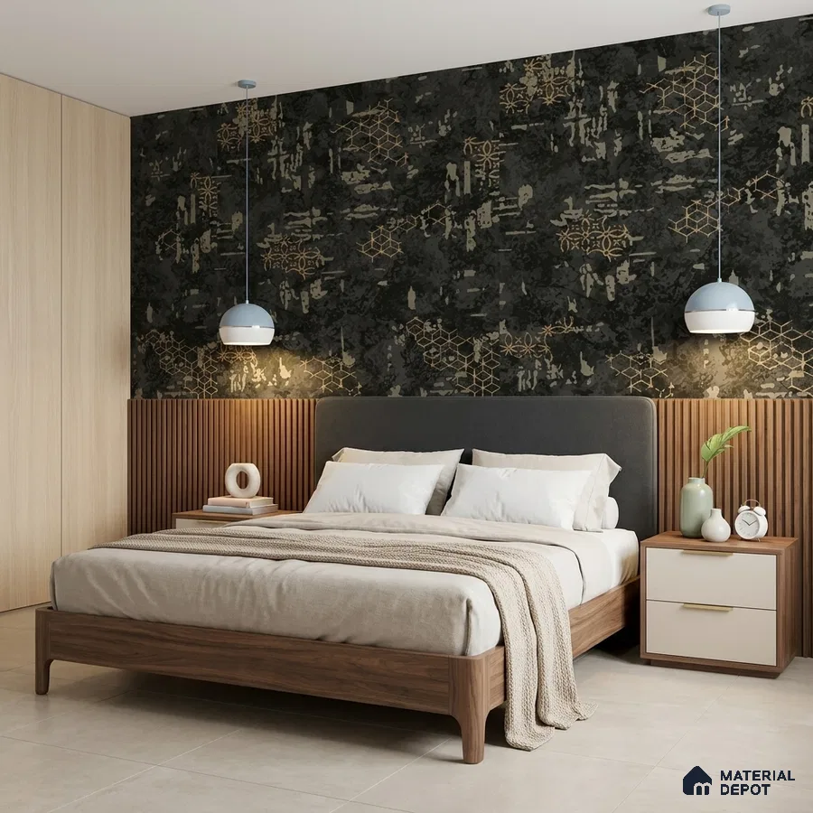 Modern bedroom with black and gold abstract wallpaper, walnut wood fluted panels, and beige tile flooring