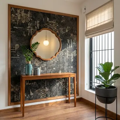 Modern foyer with patterned wallpaper accent wall and walnut wood console table