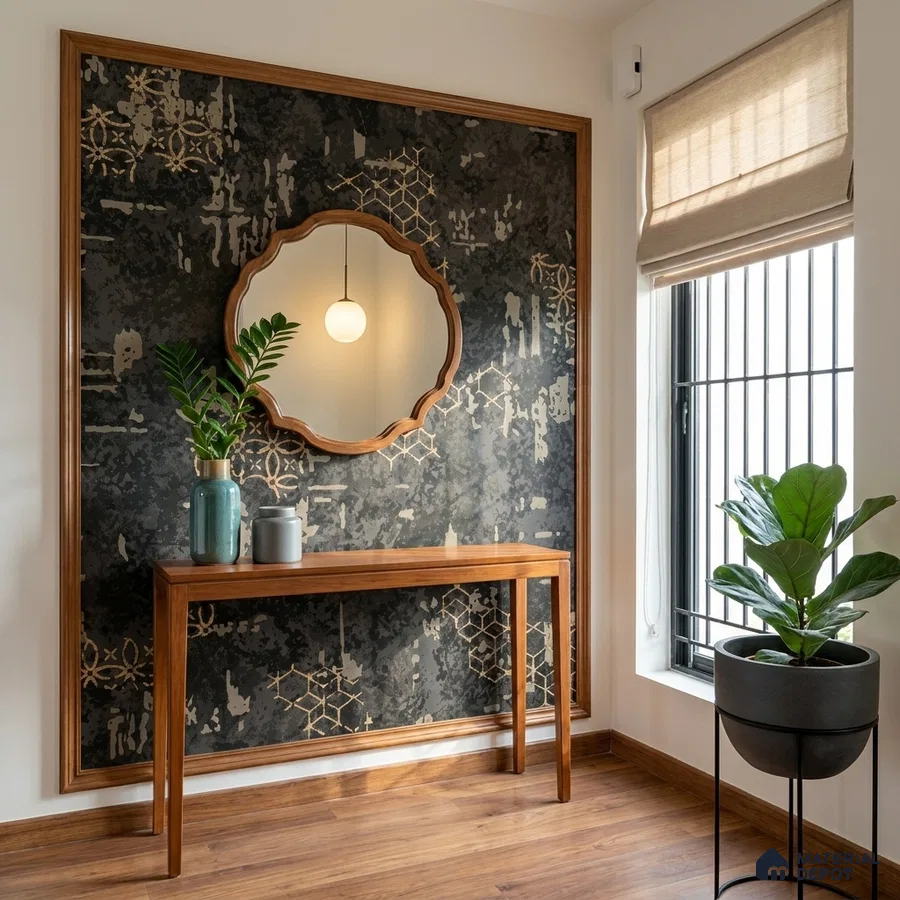 Modern foyer with patterned wallpaper accent wall and walnut wood console table