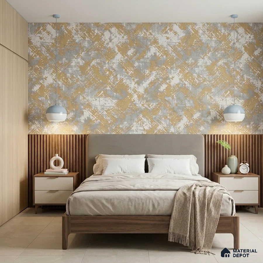 Scandinavian bedroom with beige-grey abstract wallpaper and walnut wood fluted panels