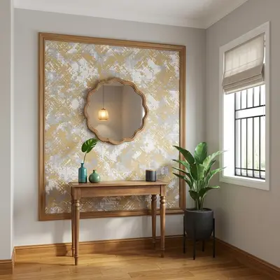 Modern foyer with abstract gold wallpaper, natural wood console, and wooden flooring