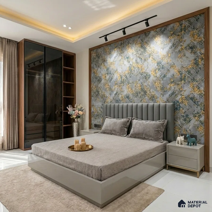 Modern bedroom with abstract wallpaper accent wall, grey upholstered bed, and glossy beige wardrobe