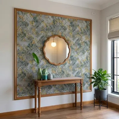 Eclectic foyer with abstract patterned wallpaper, natural wood console, and wooden flooring