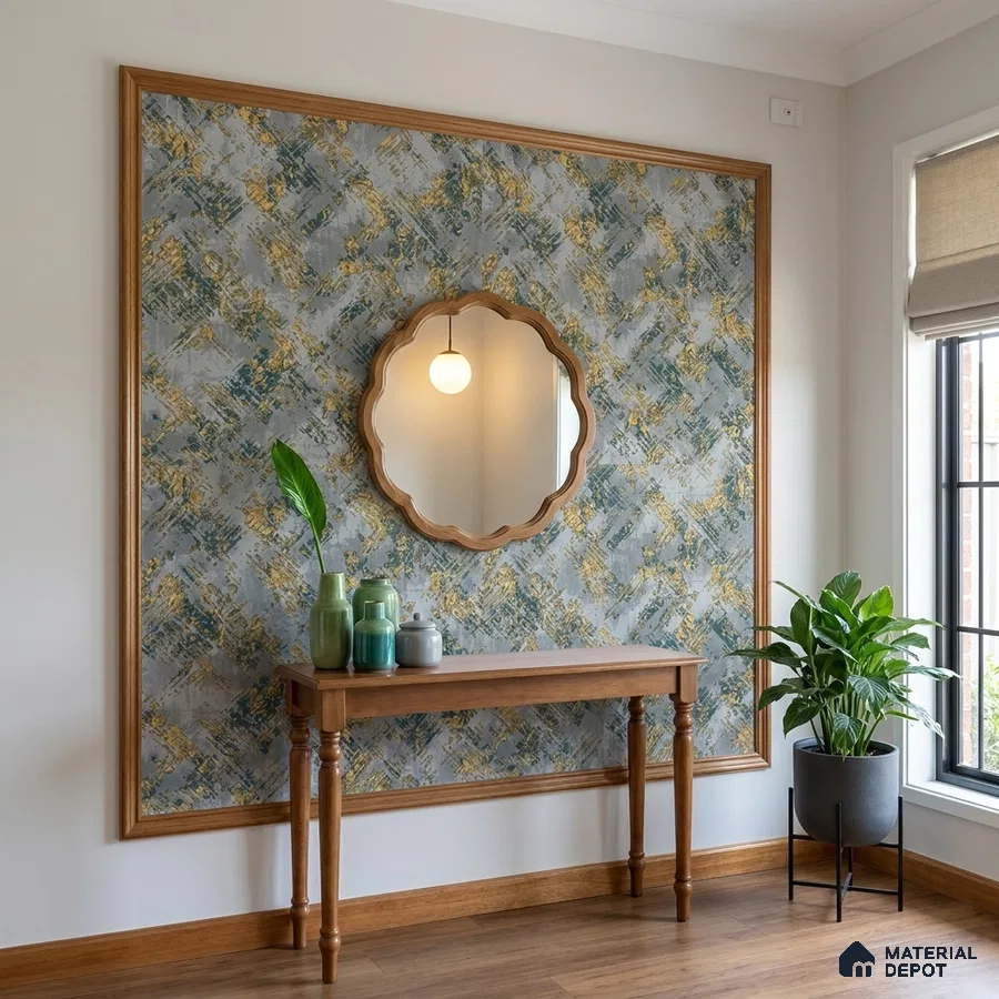 Eclectic foyer with abstract patterned wallpaper, natural wood console, and wooden flooring