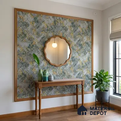 Eclectic foyer with abstract patterned wallpaper, natural wood console, and wooden flooring