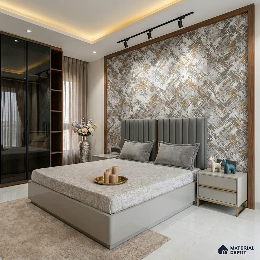 Modern bedroom with abstract patterned wallpaper, grey suede upholstered bed, and glossy beige laminate wardrobe