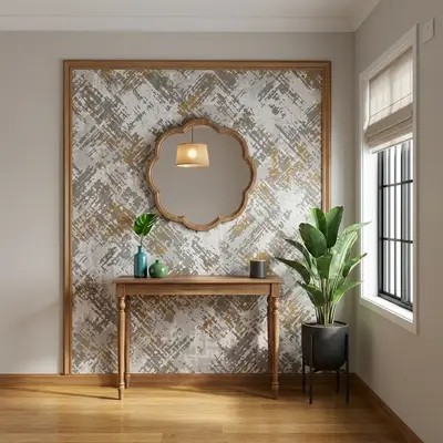 Modern foyer with abstract patterned wallpaper, natural wood console, and light oak wooden flooring