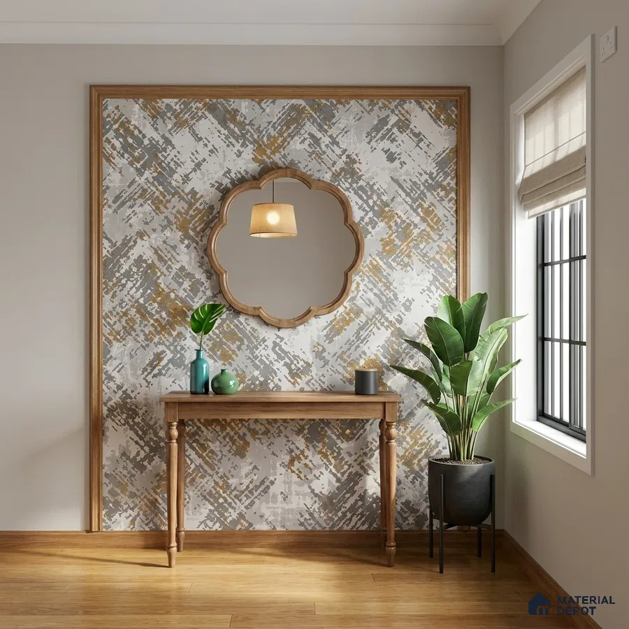 Modern foyer with abstract patterned wallpaper, natural wood console, and light oak wooden flooring