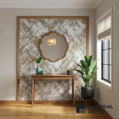 Modern foyer with abstract patterned wallpaper, natural wood console, and light oak wooden flooring