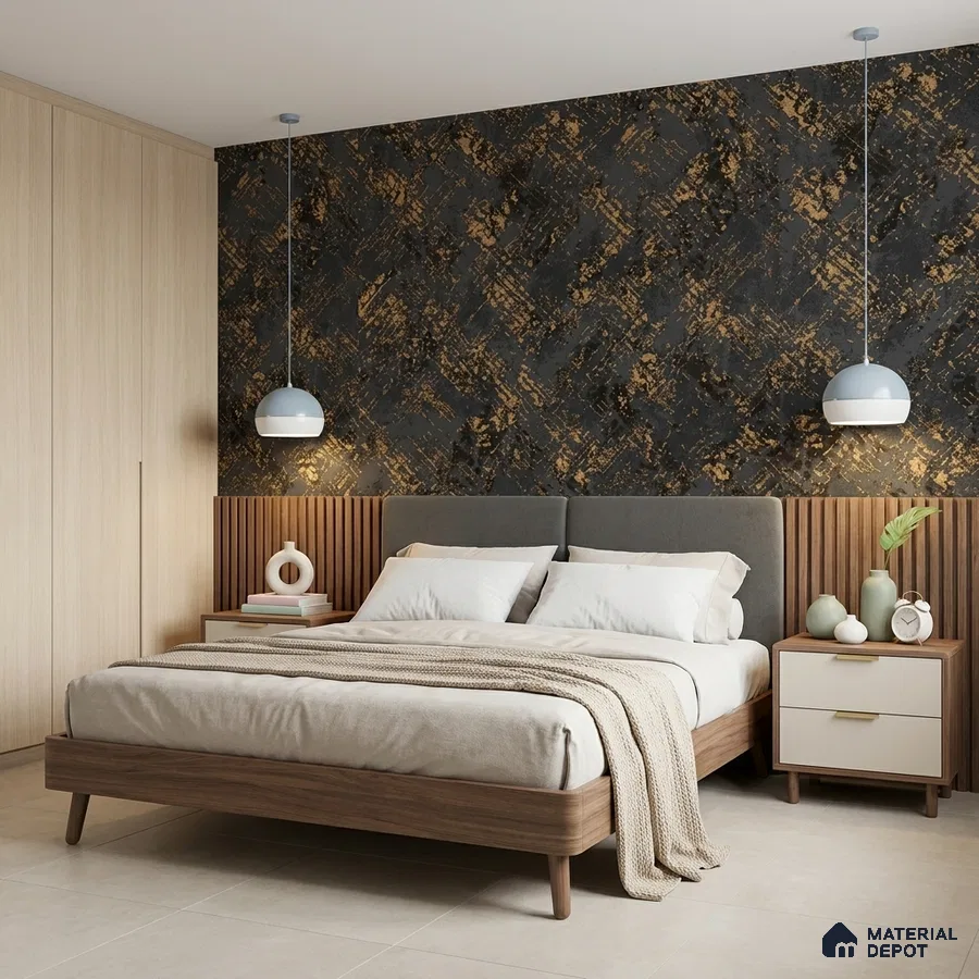 Modern bedroom with gold abstract wallpaper, light oak wardrobe, and walnut wood bed