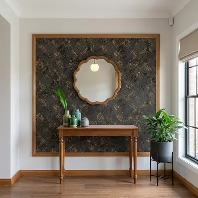 Modern foyer with gold-accent textured wallpaper, wooden console table, and wood flooring