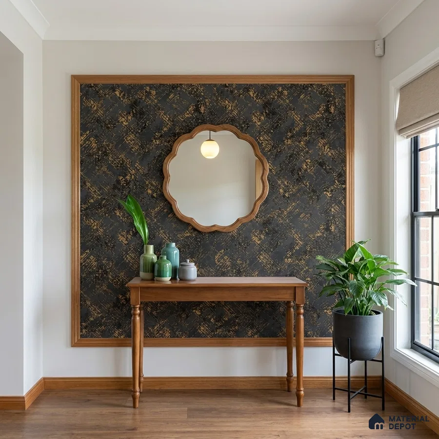 Modern foyer with gold-accent textured wallpaper, wooden console table, and wood flooring