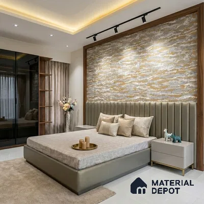 Modern bedroom with suede upholstered bed, gold textured wallpaper, and glossy white floor tile