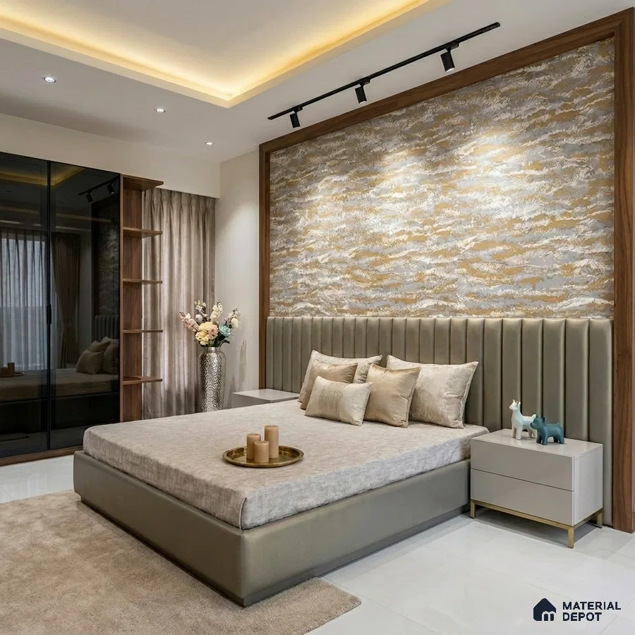 Modern bedroom with suede upholstered bed, gold textured wallpaper, and glossy white floor tile