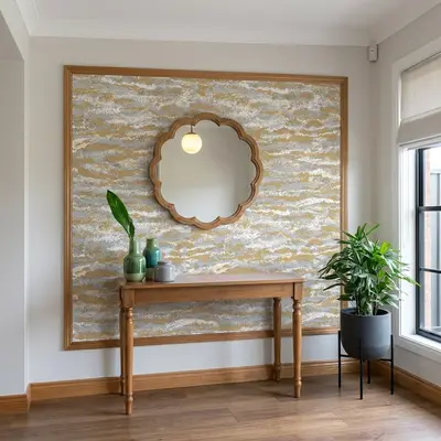 Modern foyer with wood console, abstract wallpaper, and oak wooden flooring