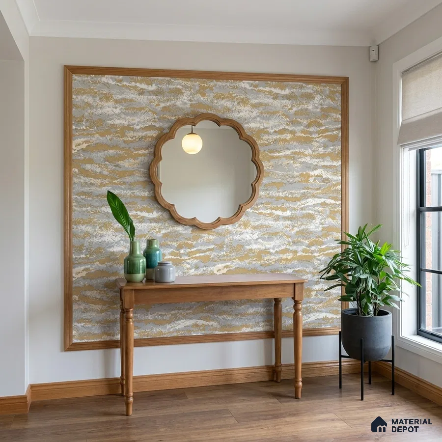 Modern foyer with wood console, abstract wallpaper, and oak wooden flooring