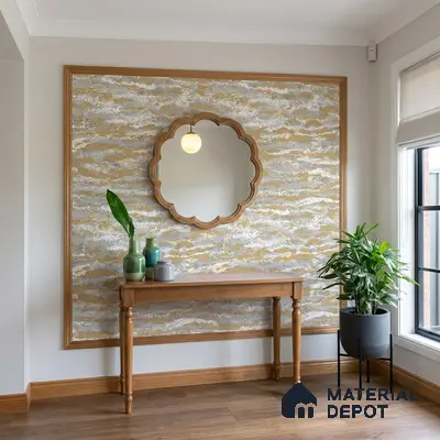 Modern foyer with wood console, abstract wallpaper, and oak wooden flooring