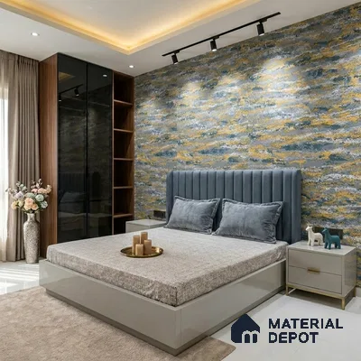 Modern bedroom with abstract textured wallpaper, suede upholstered bed, and glossy wardrobe