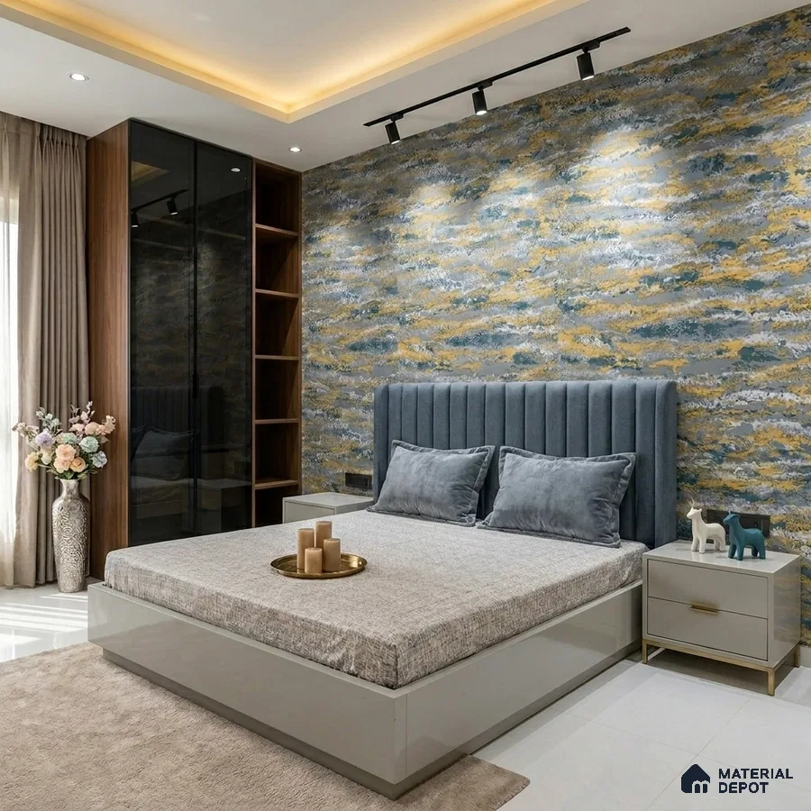 Modern bedroom with abstract textured wallpaper, suede upholstered bed, and glossy wardrobe