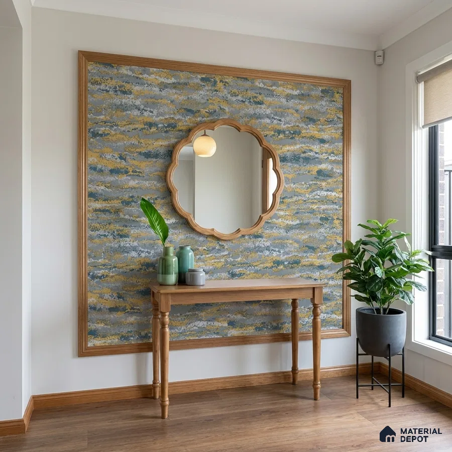 Modern foyer with abstract wallpaper accent, natural wood console, and wooden flooring