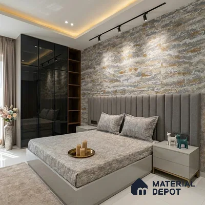 Modern bedroom with grey suede upholstered headboard, abstract textured wallpaper, and glass wardrobe shutters