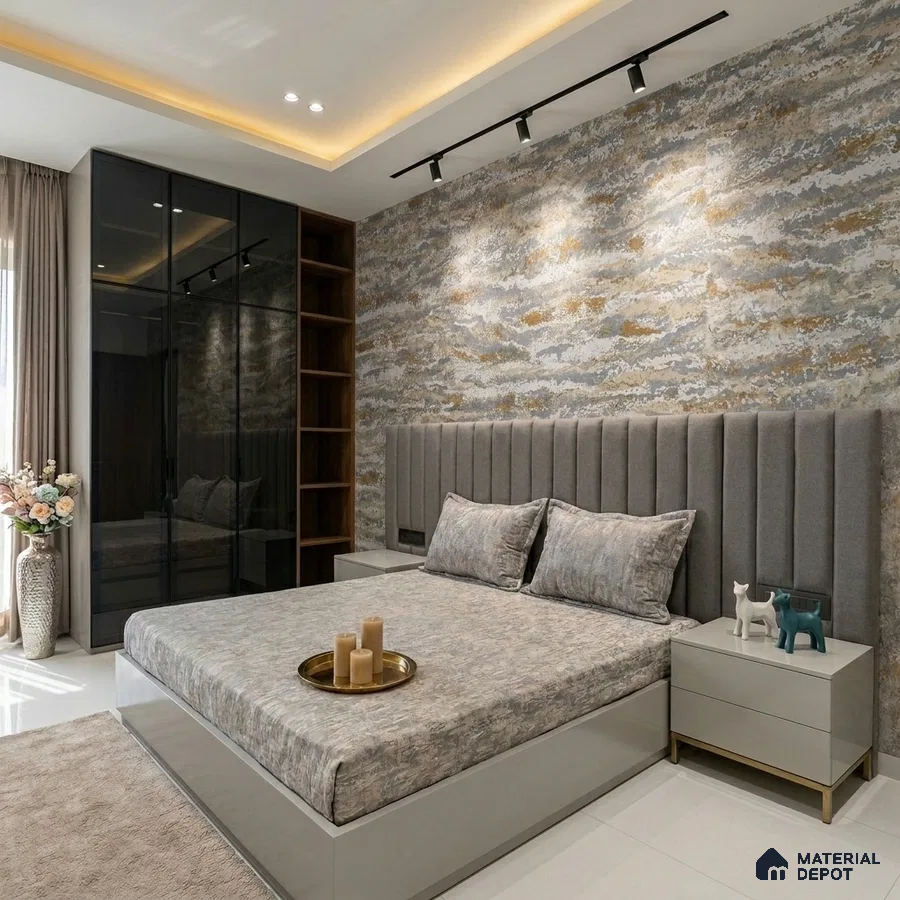 Modern bedroom with grey suede upholstered headboard, abstract textured wallpaper, and glass wardrobe shutters