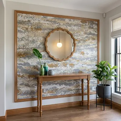 Modern foyer with abstract patterned wallpaper, natural wood console, and wooden flooring