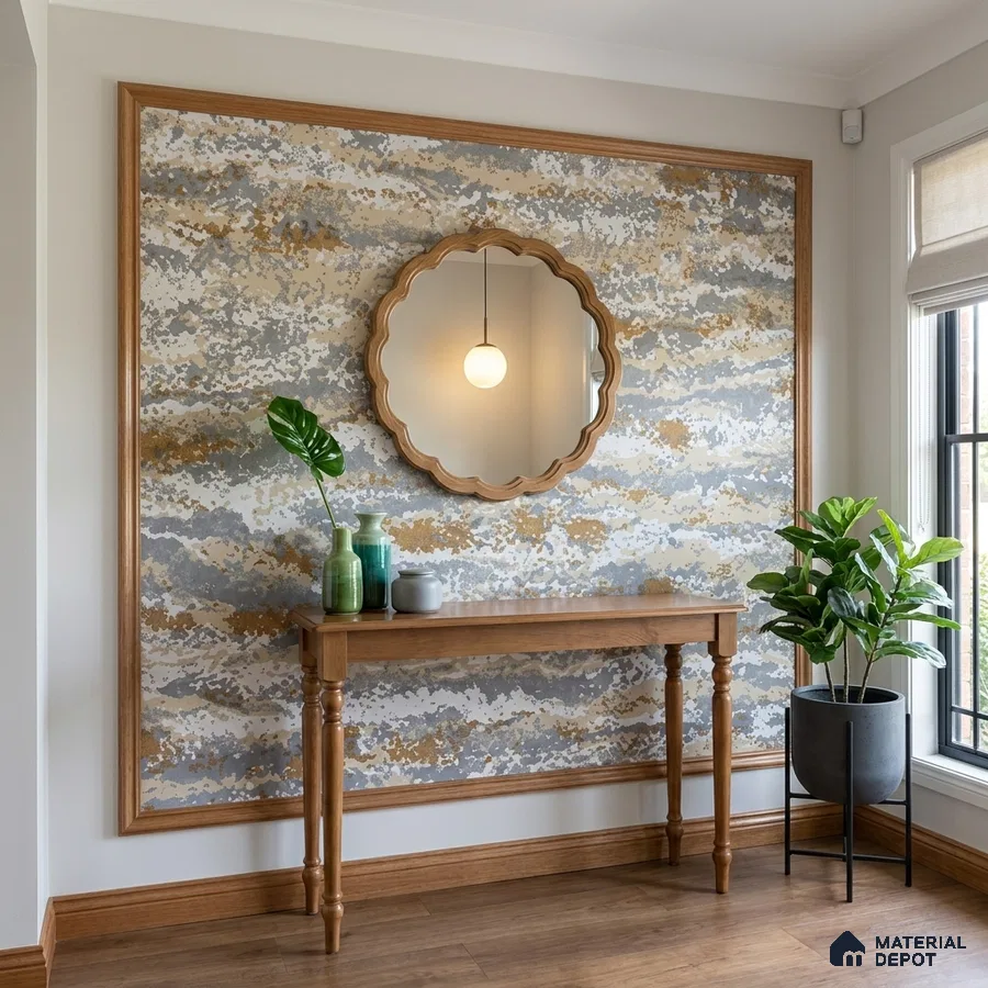 Modern foyer with abstract patterned wallpaper, natural wood console, and wooden flooring