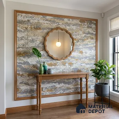 Modern foyer with abstract patterned wallpaper, natural wood console, and wooden flooring