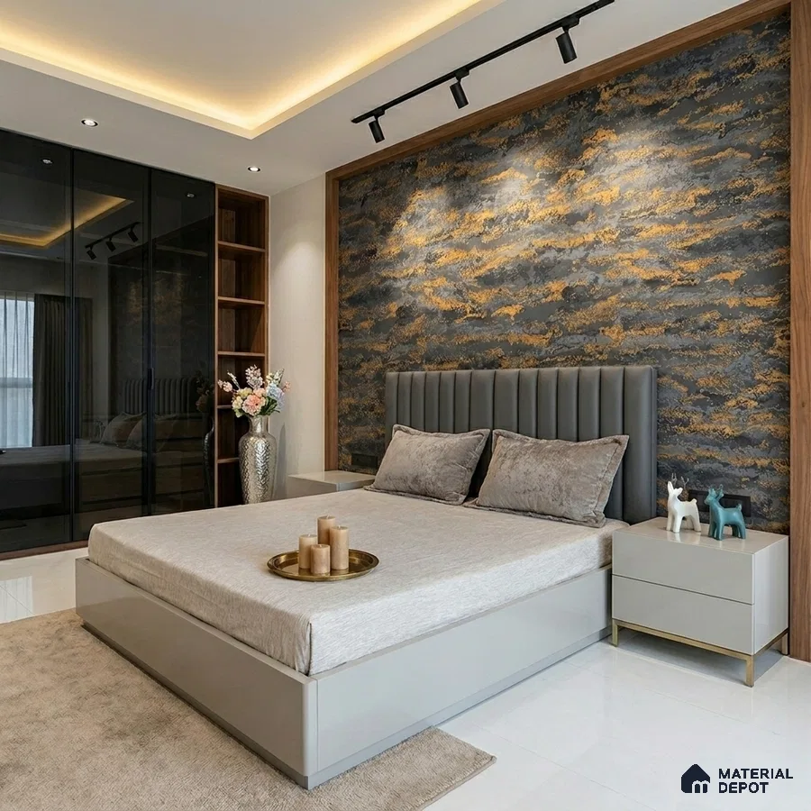 Modern bedroom with metallic abstract wallpaper, grey upholstered headboard, and glossy white flooring