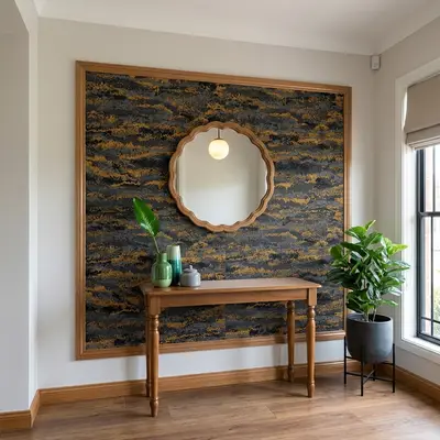 Modern foyer with wood framed console, abstract gold and black wallpaper, and wooden flooring