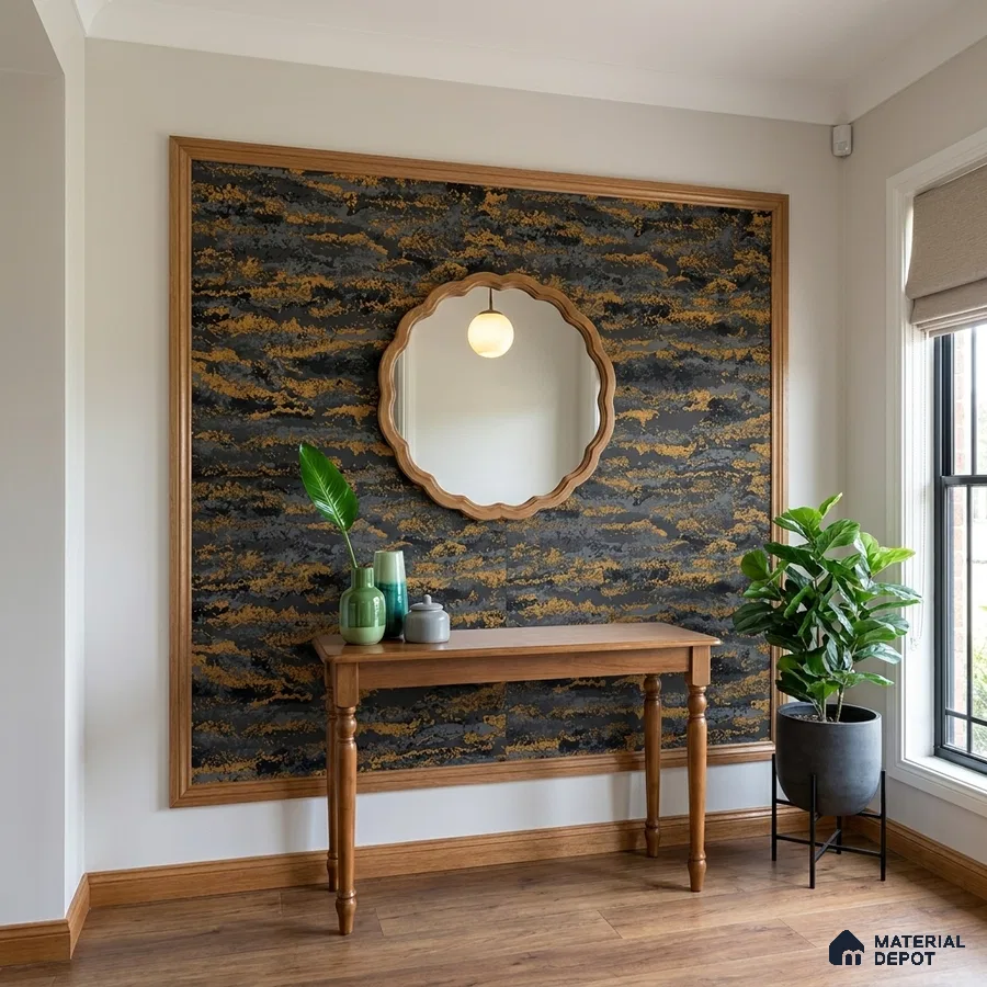Modern foyer with wood framed console, abstract gold and black wallpaper, and wooden flooring