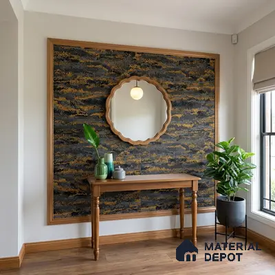 Modern foyer with wood framed console, abstract gold and black wallpaper, and wooden flooring