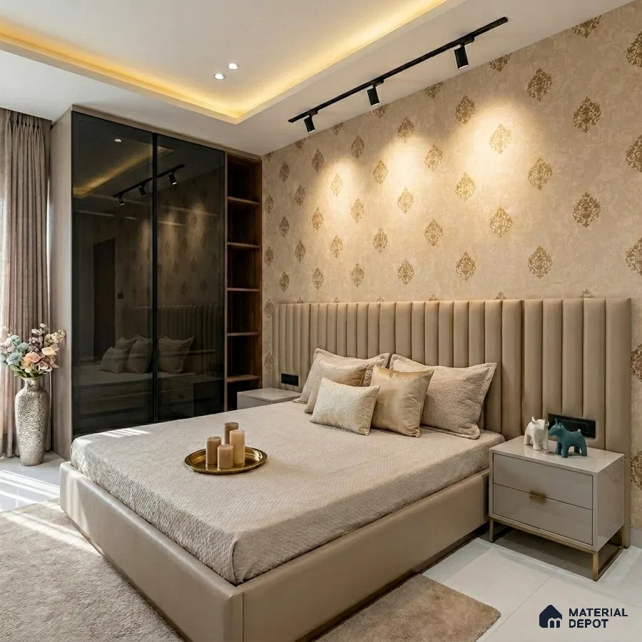 Modern bedroom with beige suede upholstered bed, gold damask wallpaper, and glass wardrobe