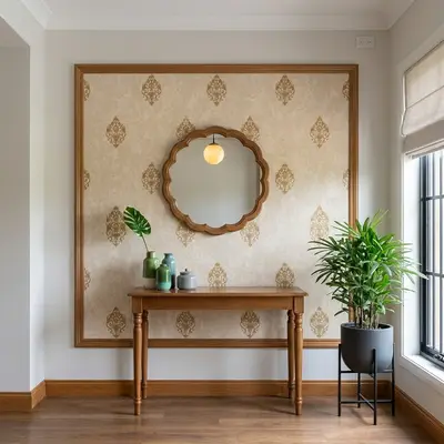 Traditional foyer with beige damask wallpaper, natural wood console, and wooden flooring