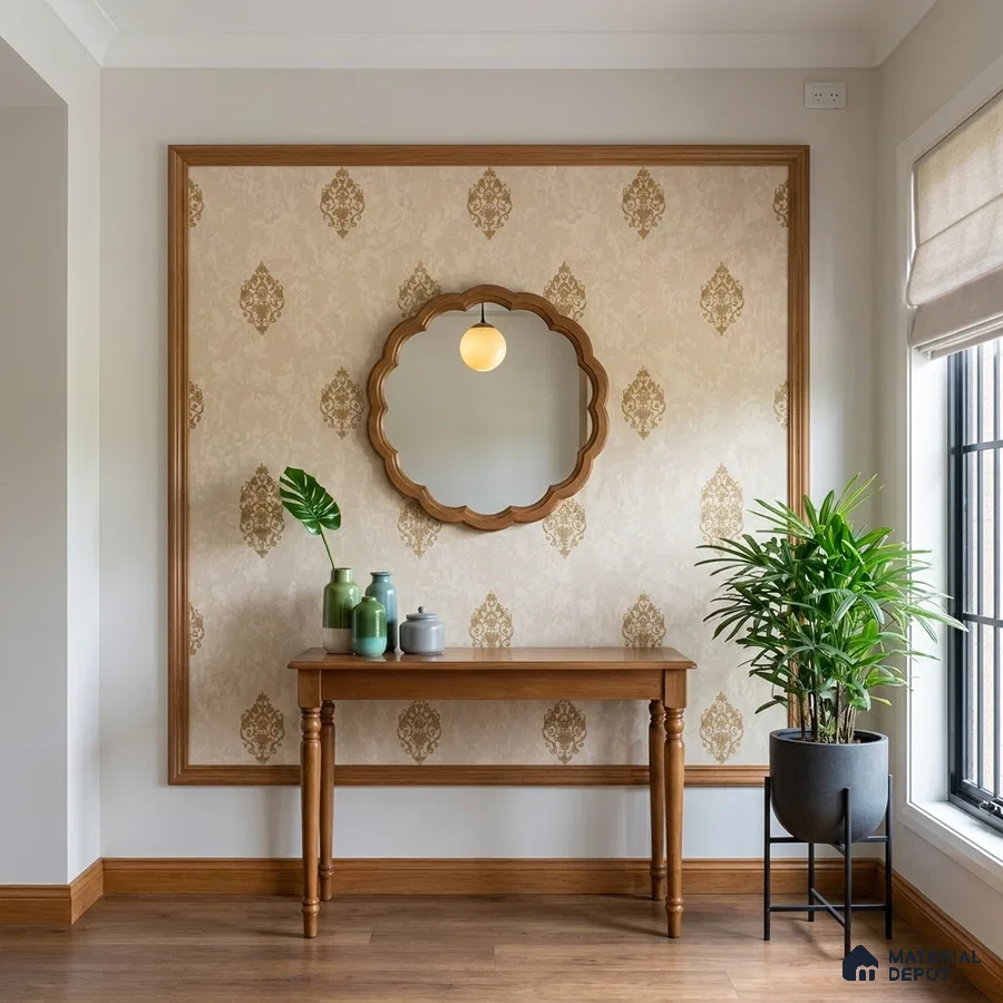 Traditional foyer with beige damask wallpaper, natural wood console, and wooden flooring