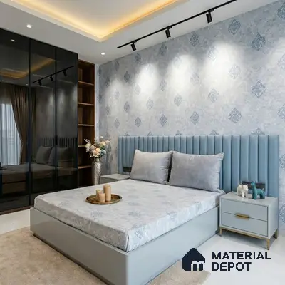 Modern bedroom with blue fluted upholstered headboard, patterned wallpaper, and glass wardrobe