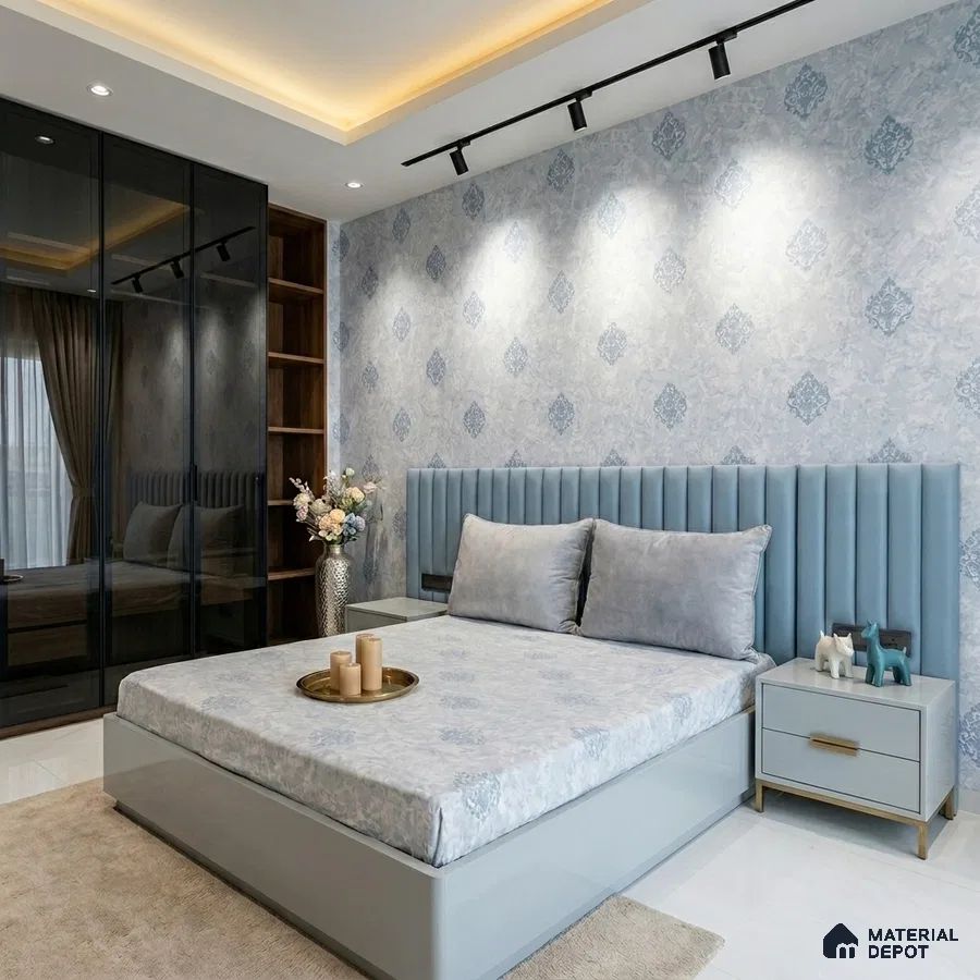Modern bedroom with blue fluted upholstered headboard, patterned wallpaper, and glass wardrobe