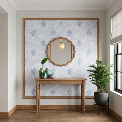 Scandinavian foyer with light oak wood console, patterned wallpaper, and wooden flooring