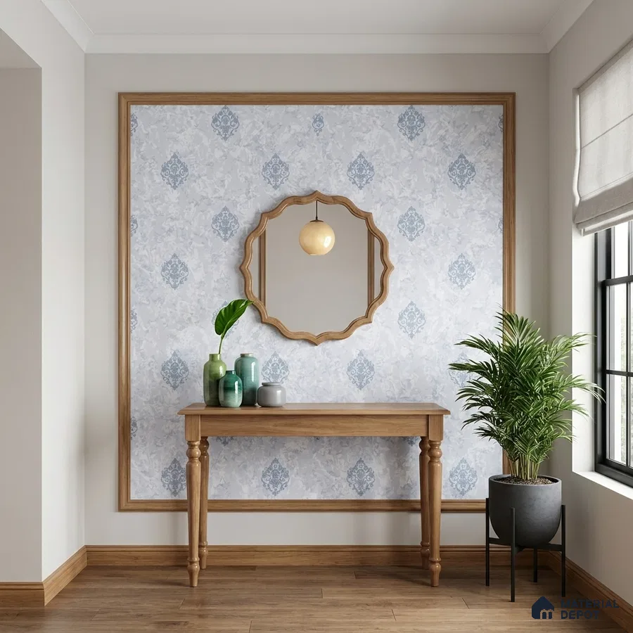 Scandinavian foyer with light oak wood console, patterned wallpaper, and wooden flooring