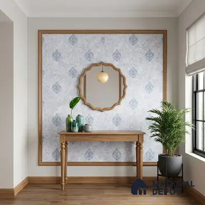 Scandinavian foyer with light oak wood console, patterned wallpaper, and wooden flooring