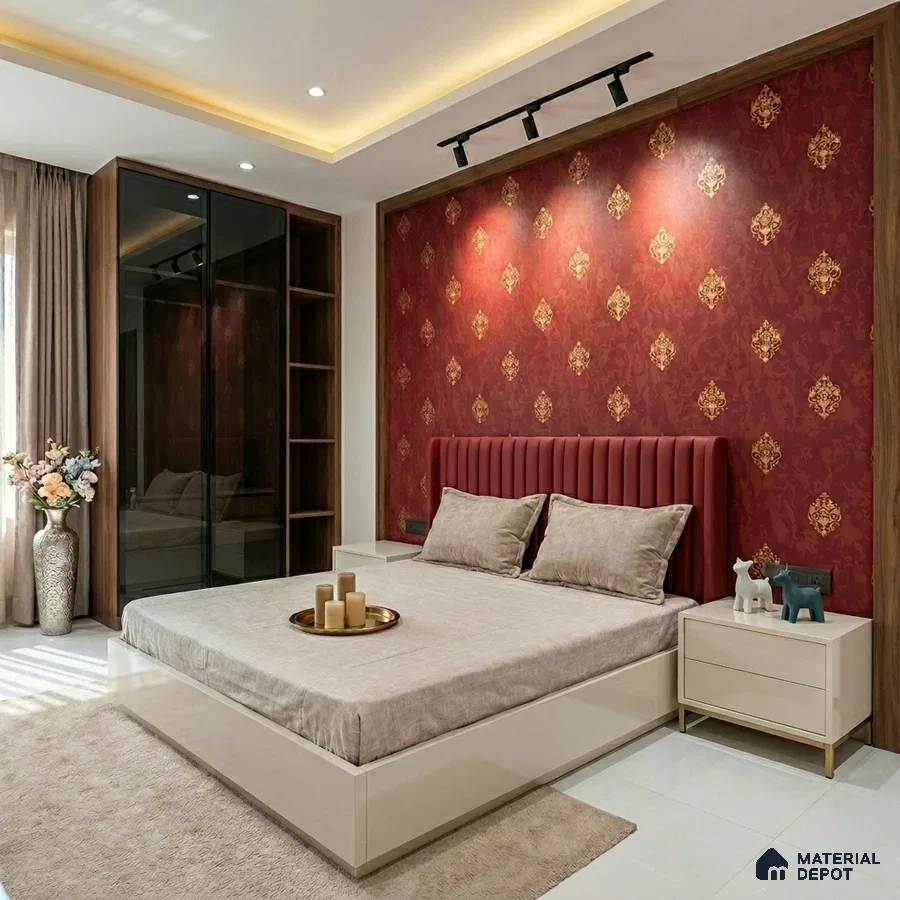 Art Deco bedroom with red and gold damask wallpaper, beige suede upholstered bed, and glossy cream laminate furniture