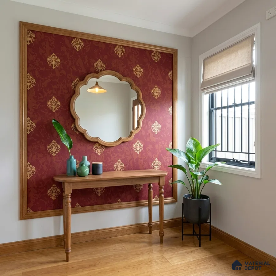 Traditional foyer with red patterned wallpaper, natural wood console, and wooden flooring