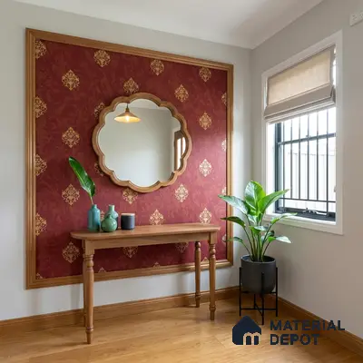 Traditional foyer with red patterned wallpaper, natural wood console, and wooden flooring